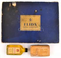 cca 1930-40 össz. 3 db Elida tétel: Elida Ideal-Szappan karton doboz fedéllel, sérült, foltos, 19,5x26,5x3,5 cm. Elida Fehér orgona szappan, 150 gr. Elida napolaj eredeti üvegében, m: 10 cm
