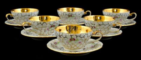 Jelzett csehszlovák mokkás készlet: 6 csésze, aljjal. Matricás, belül aranyozott, kis kopásokkal
