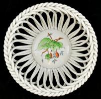 Herendi csipkebogyó mintás fonott kosárka, kézzel festett, jelzett, hibátlan d: 13 cm