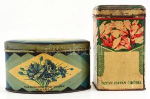 2 db régi Szent István cikória kávé fém doboz fedéllel, kopásnyomokkal, m: 13 és 7,5 cm