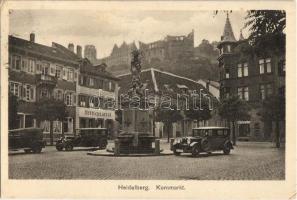 1930 Heidelberg, Kornmarkt, Antiquariat / square, automobiles, shop of K. Schneider (EK)