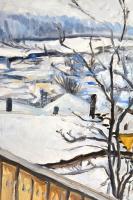 Perlrott jelzéssel: Téli táj. Olaj, papír, jobb felső sarkában törésnyommal. 41x33 cm