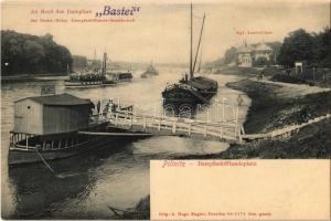 Dresden, Pillnitz, Dampfschifflandeplatz, Kgl. Lustschloss. An Bord des Dampfers Bastei der Sächs.-Böhm. Dampfschiffahrts-Gesellschaft / steamship station, castle. Orig.-A. Hugo Engler