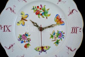 Herendi Viktória mintás falióra, kézzel festett, jelzett, apró kopásnyomokkal, müködik, d: 28 cm