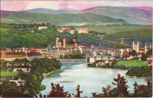 Passau, Totalansicht mit Bayr. Wald / general view, cathedral, bridge, forest (fl)