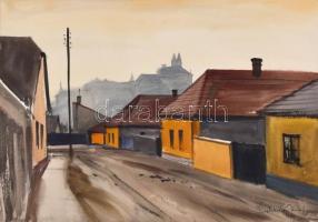 Dobroszláv József (1932-2016): Veszprémi utca. Akvarell, papír, jelzett, datált (1969), paszpartuban, a hátoldalán a művész saját kezű soraival, 32,5x46,5 cm