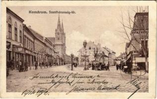 1914 Komárom, Komárnó; Szentháromság tér és szobor, üzletek, Fektor Méz Czukor reklám / Trinity square and statue, shops