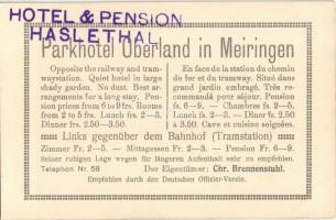 Meiringen, Park Hotel Oberland, Swiss flag. Kunstanstalt Brügger advertising card (non PC)