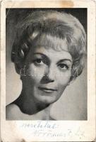 Vörösmarty Lili (1924-1964) színésznő dedikációja egy őt ábrázoló nyomtatványon, foltos, 15x10 cm