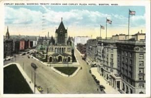 1924 Boston (Massachusetts), Copley Square, showing Trinity Church and Copley Plaza Hotel, automobiles, tram, American flags. Printed by Tichnor Bros. Inc. (EK)