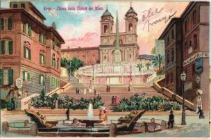 1905 Roma, Rome; Chiesa della Trinita dei Monti / church, street view. litho