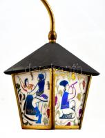 Réz-műanyag elektromos lámpa üveg búrával, népies-figurális díszítéssel, laza szárral, működik, m: 3...