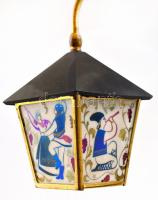 Réz-műanyag elektromos lámpa üveg búrával, népies-figurális díszítéssel, laza szárral, működik, m: 3...