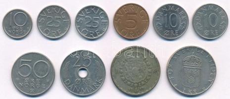 Vegyes külföldi fémpénz tétel: Dánia, Norvégia, Svédország (10db, 9xklf), benne Svédország 1943. 1K Ag T:2,2- Mixed coin lot: Denmark, Norway, Sweden (10pcs, 9xdiff), within Sweden 1943. 1 Krona Ag C:XF,VF
