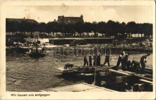 1943 Wir bauen uns entgegen. Wehrmacht-Bildserie / WWII Wehrmacht (armed forces of Nazi Germany), bridge building (EK)