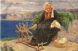 Österr.-ung. Volkstypen Serie XVIII. Nr. 5. Istrien II. Alte Frau aus Castelmuchio (Veglia) / Croatian folklore, spinning lady from Omisalj s: L. Kleinmond (EK)