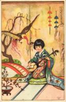 Geisha. Asian style art postcard. Prius Pastella No. 2106. s: E. Maison-Kurt
