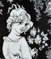 Hollóházi Jurcsák László által tervezett mintával díszített porcelán plakett, matricás, jelzett, kis...