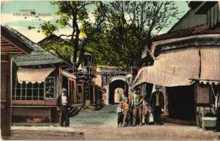 1908 Orsova, Ada Kaleh bazár, török üzlet / Turkish bazaar, shop, street view
