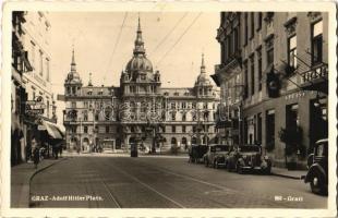1939 Graz, Adolf Hitler Platz, Apotheke / square, street view, automobiles, pharmacy, restaurant, shops, café (EK)