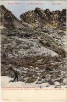 Tátra, Magas-Tátra, Vysoké Tatry; Az Egenhoffer csúcs az Öttó katlanból. Franz Pietschmann Kunstverlag No. 1880. / Eggenhofer Spitze vom 5 Seen-Kessel / Strapatá veza / mountain peak, tourist, hiker (EK)