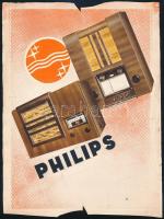 cca 1930 Philips rádiókészülék reklámterv, nyomdai nyomata vágójelekkel, szakadásokkal, Globus Nyomda, 25×18,5 cm