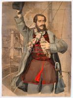 Tyroler József (1822-1854): Kossuth Lajos megérkezése Pest-Budára a pozsonyi országgyűlésről 1848. április 14-én, színezett fametszet, későbbi színezés, körbevágott, foltos, 31x23 cm