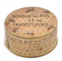 Régi Kugler Henrik utóda Gerbeaud, Bonbon Au Miel de Transylvanie, mézes-méhecskés fém bonbonos doboz,kopott és enyhén sérült címkével, d: 8 cm