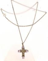 Ezüst(Ag) lánc, ametiszttel és markazittal díszített kereszt medállal, jelzett, h: 63 cm, 4×3 cm, br...