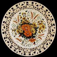 cca 1900 Josef Steidl Znaim áttört fajansz dísztál, Bradsch Emil (Aranyosmarót) dekorációval. Kézzel festett, jelzett hibátlan, d:37,5 cm / Fayance bowl. Hand painted, signed, d: 37,5 cm