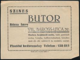 cca 1937 Rózsa Imre Bútorcsarnok Budapest VIII., Baross u. 32, szórólap, hátoldalán a cég bélyegzőjével + fejléces számla 5 fillér okmánybélyeggel, mindkettő hajtásnyommal