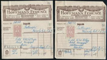 1937-39 Bp., Hoffmann Ferencz Képkereskedés és Képkeretgyár össz. 4 db dokumentum (jegyzékek, szállítójegy), díszes fejléces papíron, össz. 3 db 2 fillér okmánybélyeggel, kisebb szakadásokkal, enyhén gyűrött