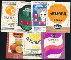1982-1985 7 féle Szobi Gyümölcsfeldolgozó Közös Vállalat üdítőital címke (Jaffa szörp, szamócás szörp, stb.), összesen 21 db