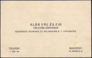 cca 1940 Klár Pál és Fia kályhás mesterek, Esztergomi Agyagáru és Kályhagyár Rt. képviselője névjegy, hátoldalán kézzel írt árajánlat cserépkályhára, cég bélyegzőjével és aláírással