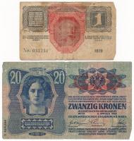 1913. 20K + 1916. 1K mindkettőn "DEUTSCHÖSTERREICH" felülbélyegzés T:III,III- ly. Adamo K3...