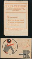 cca 1930-35 Rácz Elemér kötőüzeme és kötött-szövöttáru üzlete, Rácz Harisnya art deco illusztrált egyoldalas kisméretű reklám hajtásnyommal+ jegyzék apró hiánnyal