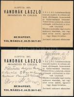 cca 1937 2 db Vandrák László bronzműves és ciseleur, Bp., VIII., Mária u. 16, egyoldalas kisméretű reklám névjegy/szórólap, mindkettő hátoldalán a cég bélyegzőjével és feljegyzéseivel