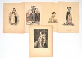 cca 1870-1890 Vegyes metszet tétel, divatos ruházatokról, 5 db, közte a 4 db színezett fametszet a Blätter für Kostümkunde-ból, valamint Anthony van Dyck (1599-1641) Moritz Lammel (1822-1866): Maria Loiuse de Tassis portréja, acélmetszet, 30x22 cm és 27x20 cm közötti méretben