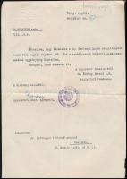 1938 M. Kir. Vallás és Közoktatásügyi Minisztérium, értesítés 100 P rendkívüli (szülési) segélyről fejléces papíron, Pozsonyi miniszteri shiv. igazgató aláírásával és a minisztérium pecsétjével, hajtásnyomokkal