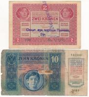 1913. 20K (2x) szerb és felismerhetetlen felülbélyegzéssel + 1915. 10K cirill betűs felülbélyegzésse...