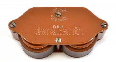 cca 1915-1930 Busch Winett D.R.P. színházi, opera látcső, szakadt, sérült bőrtokjában 3,5x7 cm