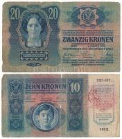 1913. 20K + 1915. 10K mindkettőn "MAGYARORSZÁG" körbélyegző T:III,III- ly. Adamo K11M,K17M