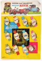 cca 1980 "Vintage Car Collection Officer Watch", 12 db japán játékóra, eredeti kartonlapon, változó állapotban.