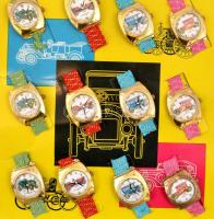 cca 1980 "Vintage Car Collection Officer Watch", 12 db japán játékóra, eredeti kartonlapon...
