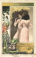 1902 Lady with mirror and peacock. Art Nouveau, floral, litho
