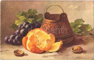 1942 Still life with orange and grapes. No. 1298. (EK)