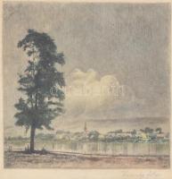 Kaveczky Zoltán (1897-1965): Dunamenti táj, színezett rézkarc, papír, jelzett, üvegezett fa keretben, lap széle foltos, 12,5×12,5 cm
