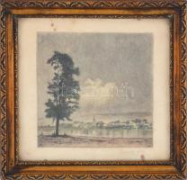Kaveczky Zoltán (1897-1965): Dunamenti táj, színezett rézkarc, papír, jelzett, üvegezett fa keretben...