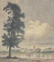 Kaveczky Zoltán (1897-1965): Dunamenti táj, színezett rézkarc, papír, jelzett, üvegezett fa keretben...