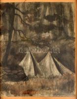 Bényi László (1909-2004): Sátrak az erdőben (Cserkész tábor?). Vegyes technika, papír, jelzett a művész ajándékozási soraival, címadásával (Az első táborunk..) és datálásával (926.aug. 20.), amely szerint korai művei közé tartozik. Üvegezett keretben, 29,5×23,5 cm